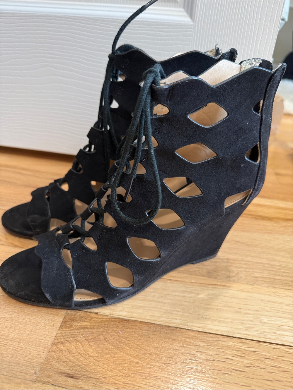 Report Black Suede Cutout Lace-Up Wedge Sandals
